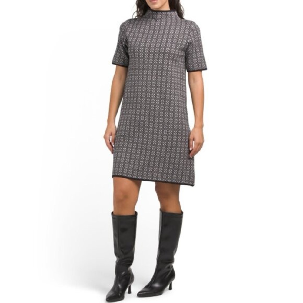 NICOLE MILLER NEW YORK BLACK/GREY MULTI Tiny Geometric Mini Sweater Dress y.